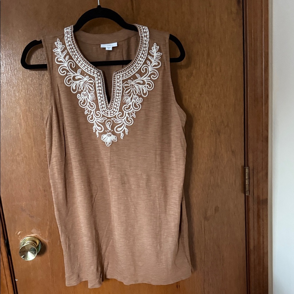 J. Jill Tan Sleeveless Top with White Embroidered Yoke